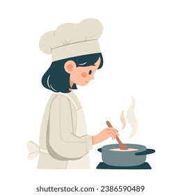 Happy girl in an apron and chef's hat preparing food. Pot or frying pan on the stove. Professional or home kitchen. Cooking, baking, mixing ingredients. Vector illustration 