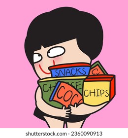 Happy Girl Arms Hug Around Bags Of Snacks Concept Card Character illustration