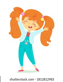 Happy girl with arms opened wide and put up. Joyful smiling child with laughing face expression. Positive emotion and fun vector illustration. Cute cheerful kid in good mood.