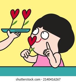 Happy Girl Asking For More Red Heart Shaped Flower. Girl Need Love Concept Card Character illustration