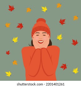 Happy girl in autumn leaves on isolated background. Vector illustration