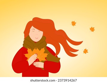 Happy girl with autumn maple leaves in her hands. Autumn illustration