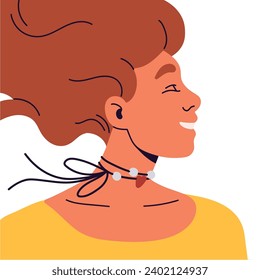 Happy girl avatar with blown back hair side view. Charming young woman portrait with necklace, bijou on neck. Female face, user profile with closed eyes. Flat isolated vector illustration on white