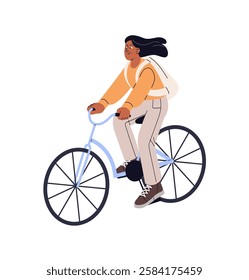 Happy girl with backpack cycling. Young woman rides on bicycle. Teen cyclist is on rental bike. Bicyclist, rider rushing on urban eco transport. Flat isolated vector illustration on white background