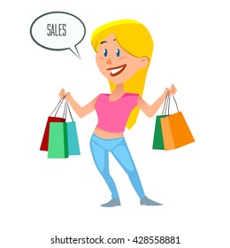 happy girl with bags, shopping concept, blondie, sale, cartoon character, woman, vector illustration
