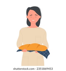 Happy girl with baked bread. Homemade bread loaf, bakery hobby vector illustration