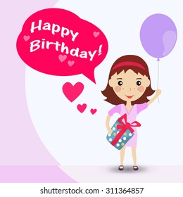 Happy Girl With  A Balloon In Purple Dress. Happy Birthday Card. Cartoon Vector Illustration.