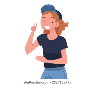 Happy Girl in Baseball Cap Standing and Smiling Showing V Sign Gesture Vector Illustration