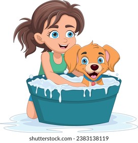 Happy girl bathing dog in bucket