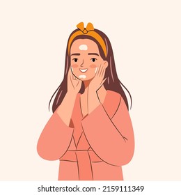 Happy girl in bathrobe applying cream. Skincare routine concept. Flat vector illustration