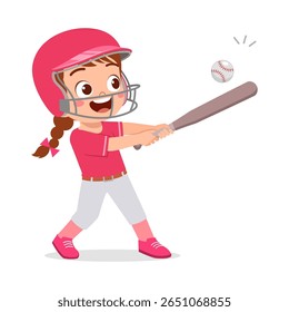 Rebatedor de menina feliz com capacete batendo beisebol com bastão no estilo de ilustração de desenho animado