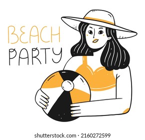 A happy girl in a beach hat and with a beach ball in her hands and text beach party in a linear doodle style. A character on the beach. Vector isolated summer illustration.