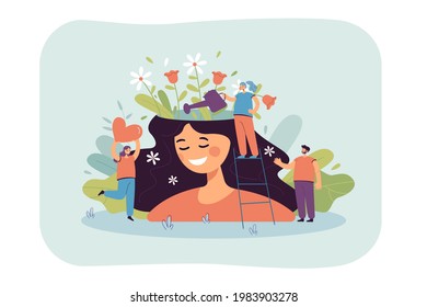 Happy girl with beautiful mind. Cartoon character watering flowers in female head, healing flat vector illustration. Mental health, lifestyle concept for banner, website design or landing web page