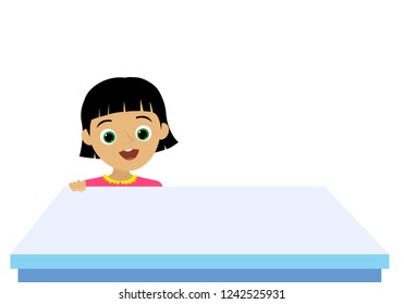 Happy Girl Behind The Empty Blue Desk. White Background Isolated. Girl and Boy.