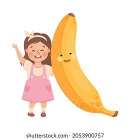 Happy Girl with Big Banana Fruit with Cheerful Vector Illustration