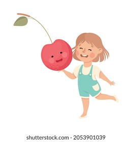 Happy Girl with Big Cherry Fruit with Cheerful Vector Illustration