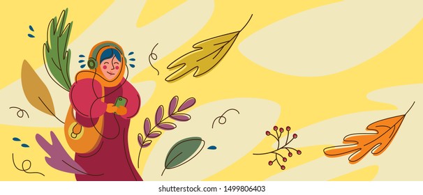 Happy girl in a big down jacket or
 coat and scarf listens to music on headphones. Falling autumn leaves. Modern bright simple flat illustration. 
Postcard, picture, cover, notebook.