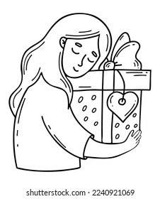 Happy girl with big gift box. Vectorin hand drawn linear doodle. Female character for design of holiday themes, gifts and sales