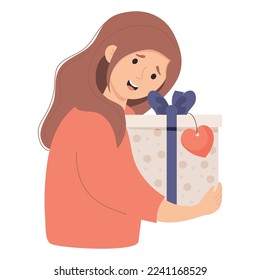 Happy girl with big gift box. Vector illustration in cartoon flat style. Female character for design of holiday themes, gifts and sales