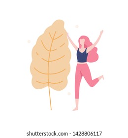 Happy girl and the big leaf isolated on white background, vector illustration in flat design. People having reunion with Nature concept illustration. 