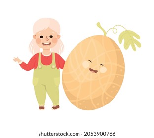 Happy Girl with Big Melon Fruit with Cheerful Vector Illustration