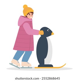 Happy girl with big penguin helper on skating rink in winter. Snowy winter season outdoor activity. Child in warm clothes learning to skate on ice. Vector icon illustration on white background.