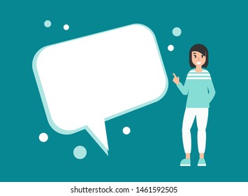 happy girl with big speech bubble. creative teacher or student helper giving advice. flat vector illustration turquoise background. Hints and tints. Message, discussion, idea banner