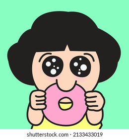 Happy Girl With Big Winking Eyes Enjoys Eating Donut Concept Card Character illustration