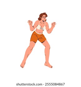 Happy girl in bikini plays beach volleyball. Young woman in swimsuit stands, prepares hands to catch ball. People have fun on coast in summer. Flat isolated vector illustration on white background