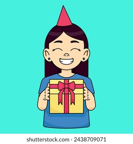 Happy girl with birthday cap smiling with closed eyes and holding gift box with bow