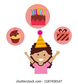 happy girl with birthday gift cake and cupcake