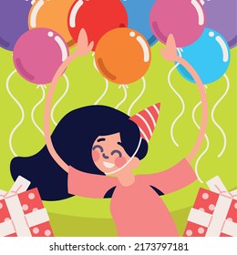 happy girl birthday hat and balloons