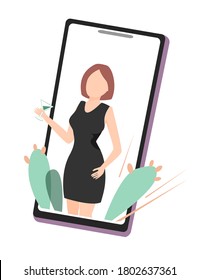 Happy girl in black dress with cocktail on the phone screen. Online party, birthday, or meeting friends concept. Quarantine party vector flat illustration.
