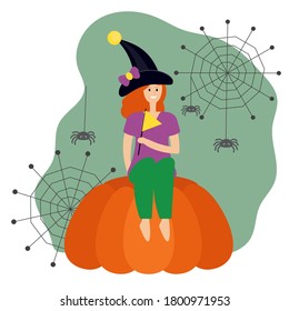 Happy girl in black witchcraft hat sitting on a giant orange pumpkin. Big harvest. Autumn. Halloween Party. Web with spiders. Vector flat cartoon For postcards, posters, invitations. 