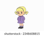 Happy girl with blonde or yellow hair with hands in pockets.
White background. Vector. 
