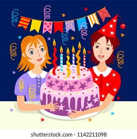 Happy girl blowing birthday candles with her friend (vector illustration)