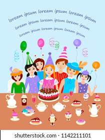 Happy girl blowing birthday candles with her friends (vector illustration)