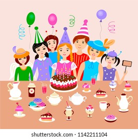 Happy girl blowing birthday candles with her friends (vector illustration)