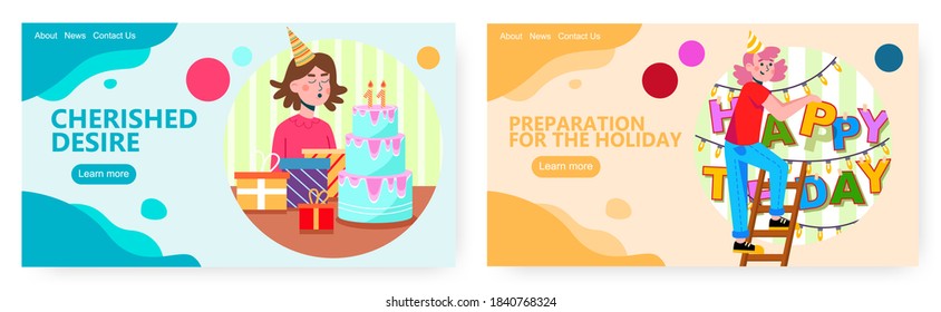 Happy girl blows candles on her birthday cake and enjoy her gifts. Birthday party vector concept illustration. Woman hanging up paper garlands to preparing the birthday party. Web site design