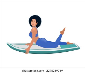 Una chica feliz con una pierna azul yace en una tabla de surf. Personas en el campamento de aventuras para deportes acuáticos, actividad deportiva en vacaciones familiares de verano en la playa. Ilustración vectorial aislada en fondo blanco.