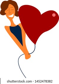 A happy girl in a blue shirt holding a red heart shaped balloon, vector, color drawing or illustration.