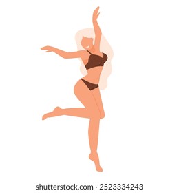 Garota feliz. Corpo positivo. Ame seu corpo.  Senhora sorrindo e dançando. Variedade de poses e gestos. Ilustração vetor da moda para web, app.