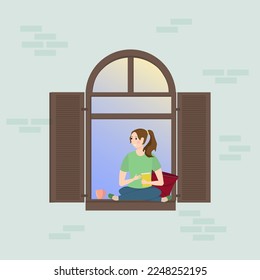 Happy girl with a book and a cup sits on the windowsill. Time for relaxation and rest. Flat vector illustration. For flyers and social media, website pages, brochures and books.
