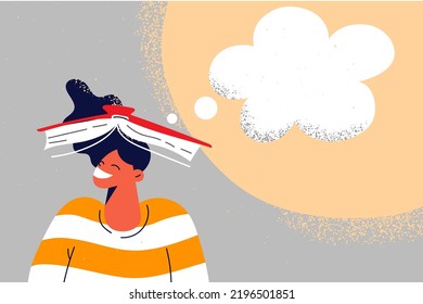 Happy girl with book on head visualizing and daydreaming. Smiling female reader imagine fairytale cartoon characters. Imagination and visualization. Vector illustration. 