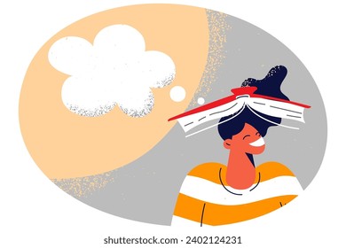 Happy girl with book on head visualizing and daydreaming. Smiling female reader imagine fairytale cartoon characters. Imagination and visualization. Vector illustration.