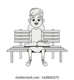 happy girl with books sitting on a wooden bench over white background, vector illustration