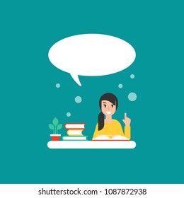 happy girl with books and speech bubble. creative teacher. giving advice . flat vector illustration turquoise background. Hints and tints. Questions and answers.