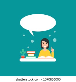happy girl with books and speech bubble. creative teacher. giving advice . flat vector illustration turquoise background. Hints and tints. Questions and answers.
