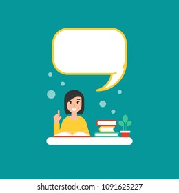 happy girl with books and speech bubble. creative teacher. giving advice . flat vector illustration turquoise background. Hints and tints. Questions and answers.