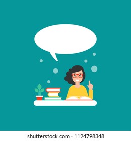 happy girl with books and speech bubble. creative teacher. giving advice . flat vector illustration turquoise background. Hints and tints. Questions and answers.
